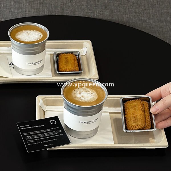 High-End 280ml Disposable Aluminum Cup with Silver Plate and Kraft Paper Tray – Stylish Drinkware Set