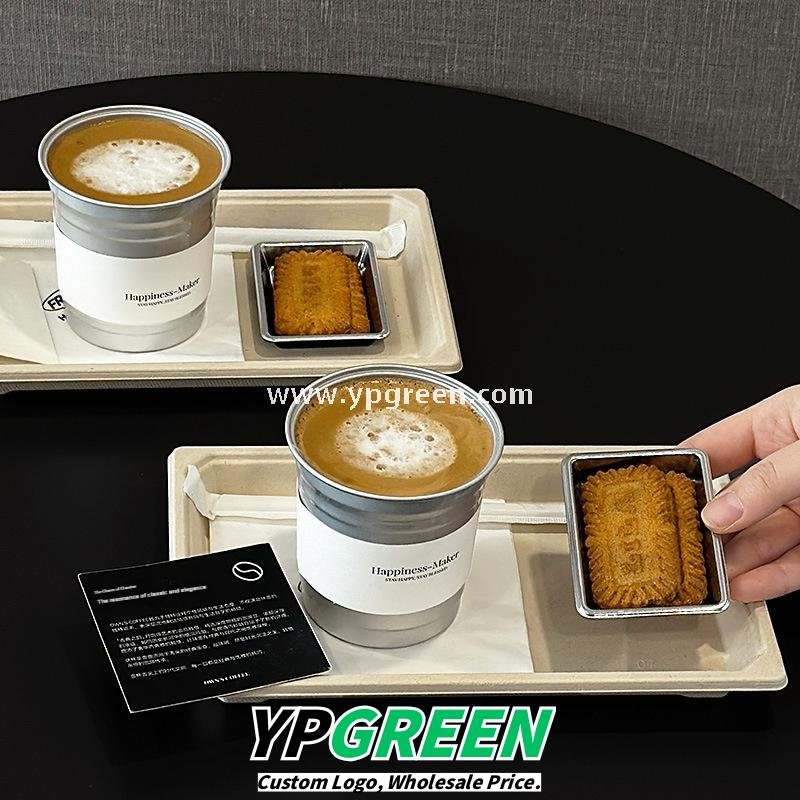 High-End 280ml Disposable Aluminum Cup with Silver Plate and Kraft Paper Tray – Stylish Drinkware Set