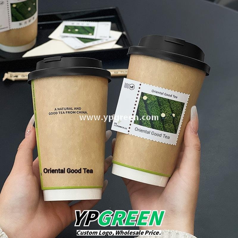 500ml 16oz Custom Coffee Cups with Postage Stamp Stickers – Retro-Themed Paper Cups for Takeaway