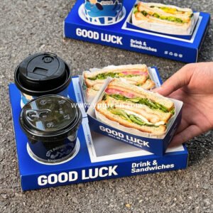 Klein Blue Sandwich Packaging Box – Food Grade White Cardboard for Thick Toast & Breakfast To-Go