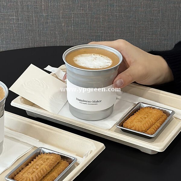 High-End 280ml Disposable Aluminum Cup with Silver Plate and Kraft Paper Tray – Stylish Drinkware Set