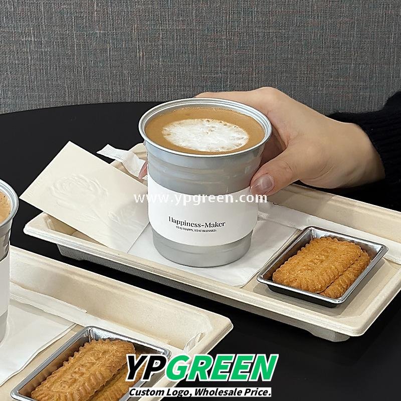 High-End 280ml Disposable Aluminum Cup with Silver Plate and Kraft Paper Tray – Stylish Drinkware Set