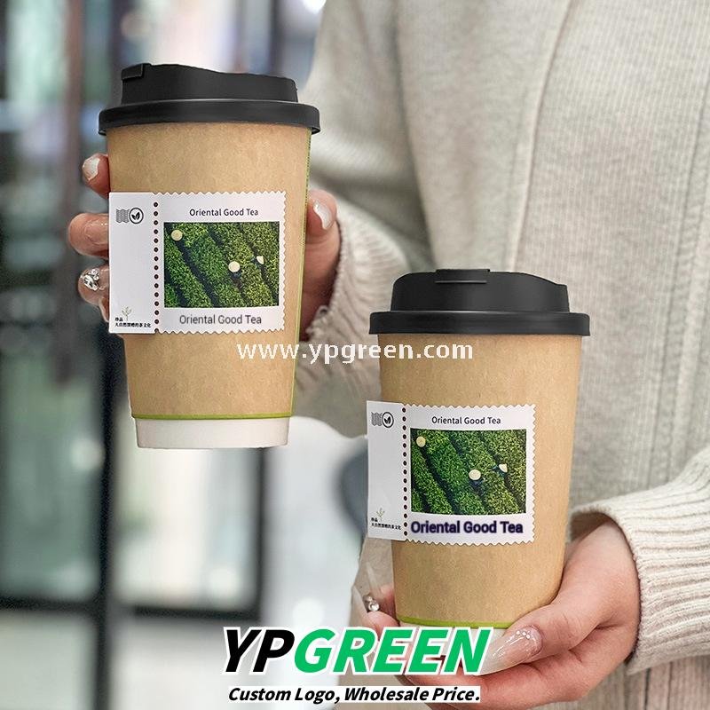 500ml 16oz Custom Coffee Cups with Postage Stamp Stickers – Retro-Themed Paper Cups for Takeaway