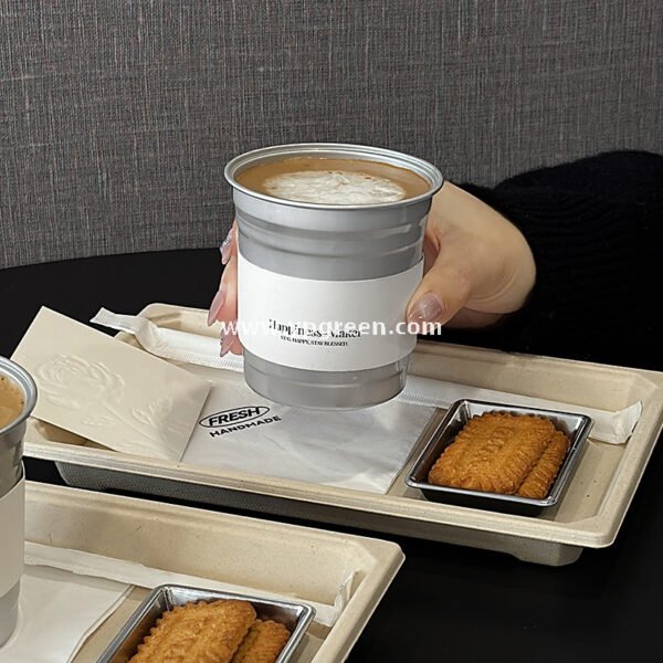 High-End 280ml Disposable Aluminum Cup with Silver Plate and Kraft Paper Tray – Stylish Drinkware Set