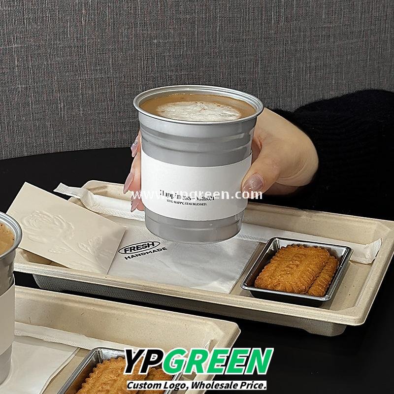 High-End 280ml Disposable Aluminum Cup with Silver Plate and Kraft Paper Tray – Stylish Drinkware Set
