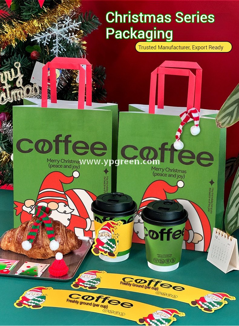 12oz / 400ml Christmas Coffee Cups with Sleeves & Bags – Santa Claus Holiday Design for Takeaway