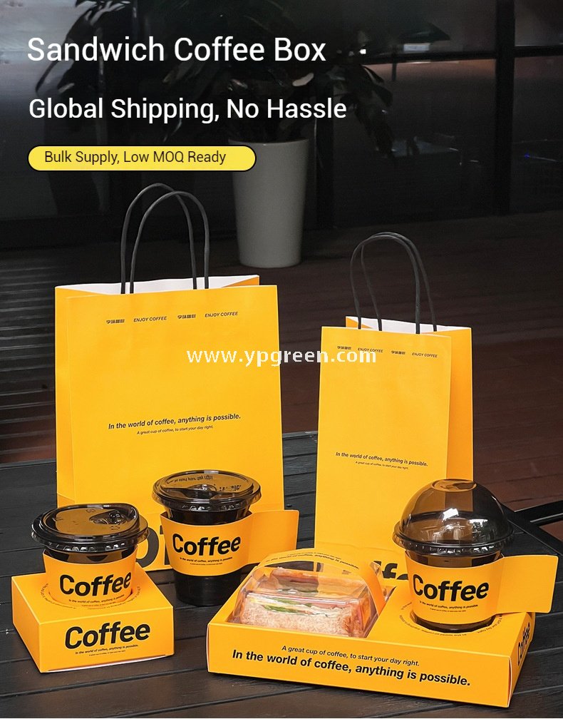 Yellow Sandwich & Coffee Tray Box – Integrated Paper Combo Container with Cup Holder