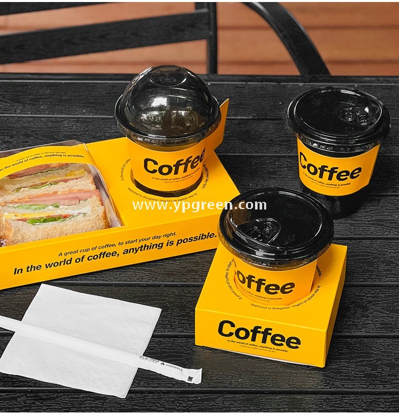 Yellow Sandwich & Coffee Tray Box – Integrated Paper Combo Container with Cup Holder