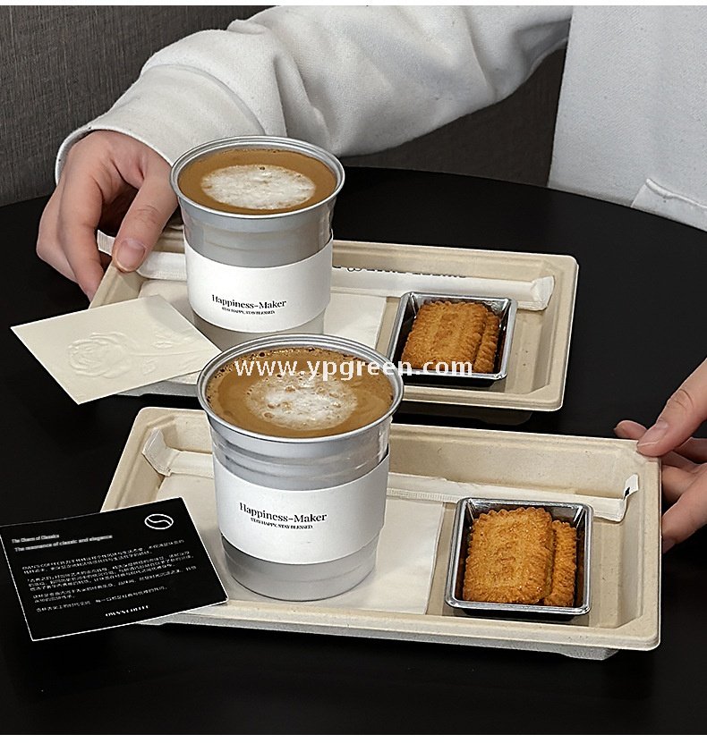 High-End 280ml Disposable Aluminum Cup with Silver Plate and Kraft Paper Tray – Stylish Drinkware Set