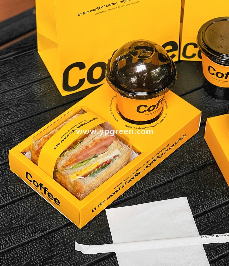 Yellow Sandwich & Coffee Tray Box – Integrated Paper Combo Container with Cup Holder