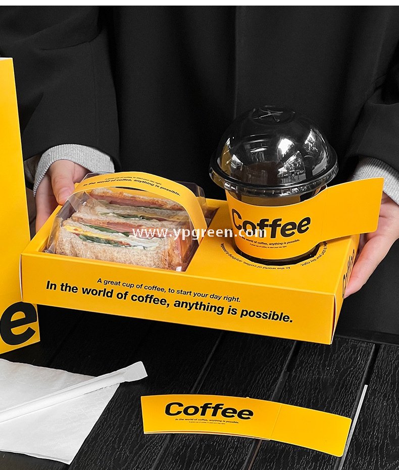 Yellow Sandwich & Coffee Tray Box – Integrated Paper Combo Container with Cup Holder