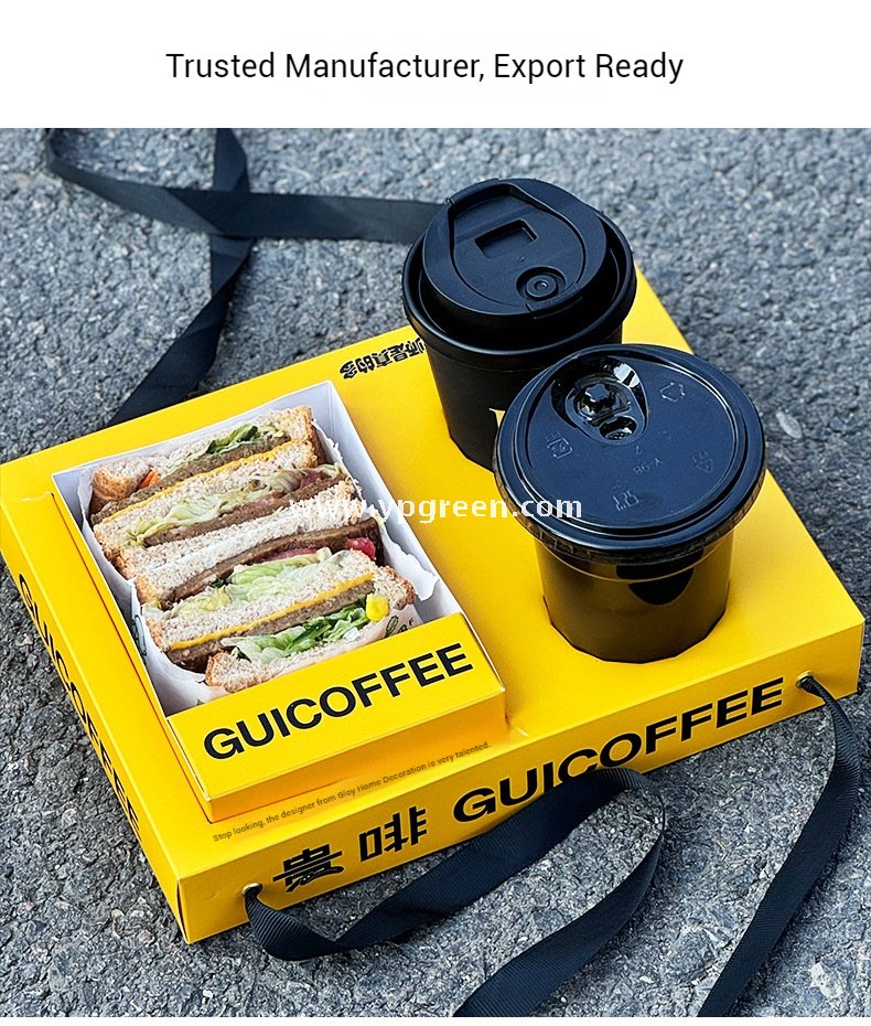 Yellow Sandwich & Coffee Tray Box – Integrated Paper Combo Container with Cup Holder