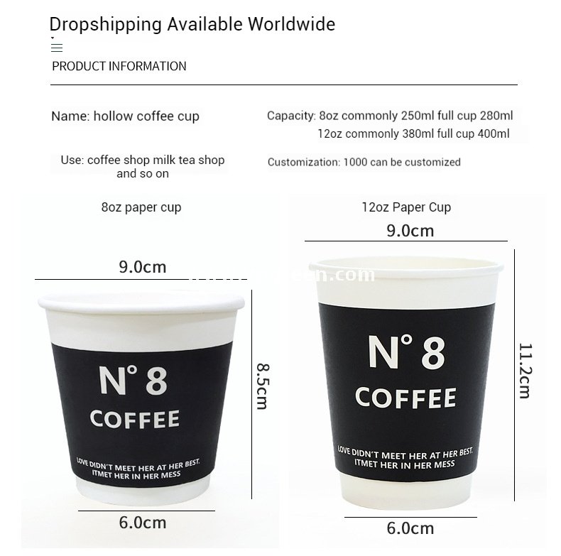 8oz / 12oz Black Paper Coffee Cups – 280ml / 400ml Disposable Cups with Custom Logo for Takeaway