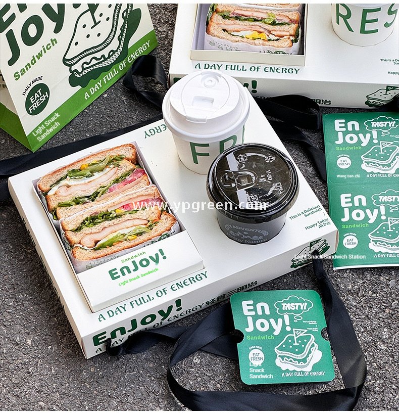 Yellow Sandwich & Coffee Tray Box – Integrated Paper Combo Container with Cup Holder