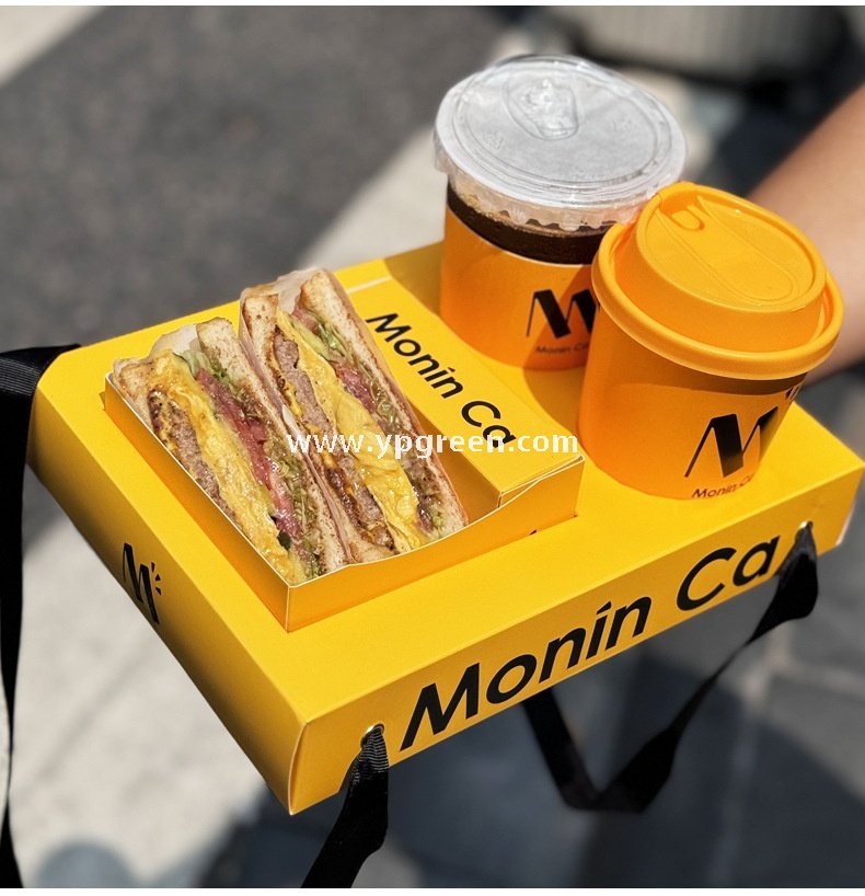 Yellow Sandwich & Coffee Tray Box – Integrated Paper Combo Container with Cup Holder