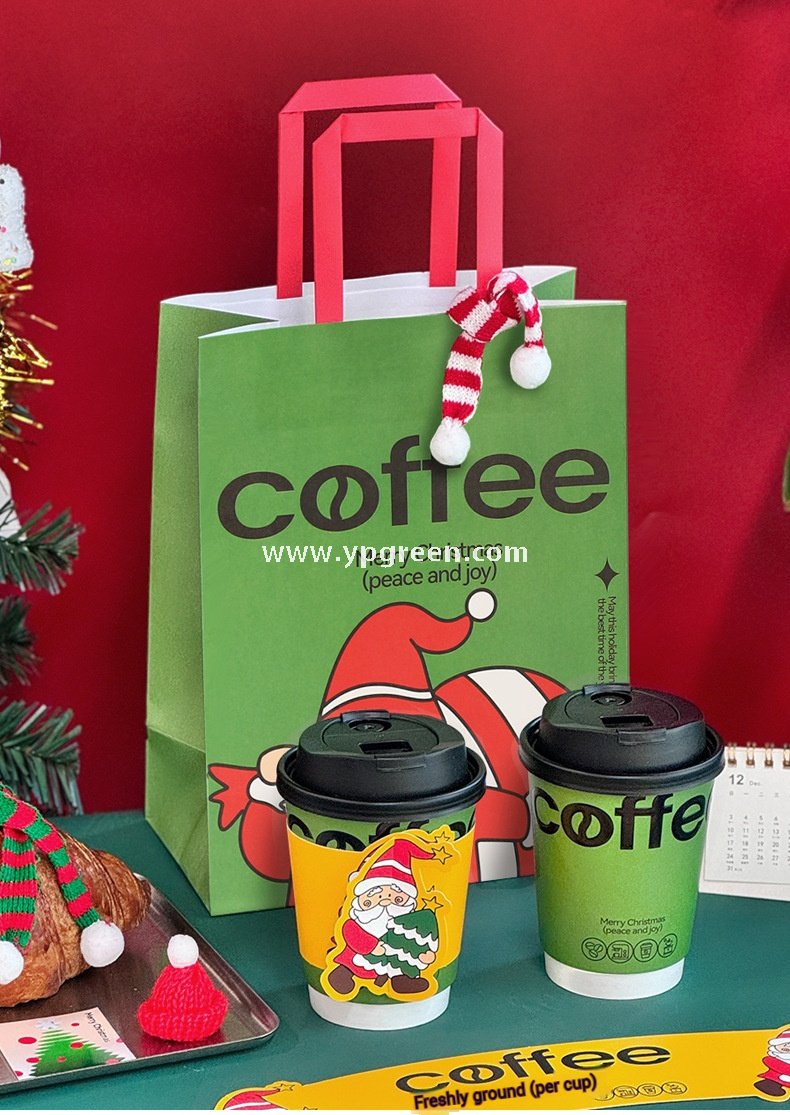 12oz / 400ml Christmas Coffee Cups with Sleeves & Bags – Santa Claus Holiday Design for Takeaway