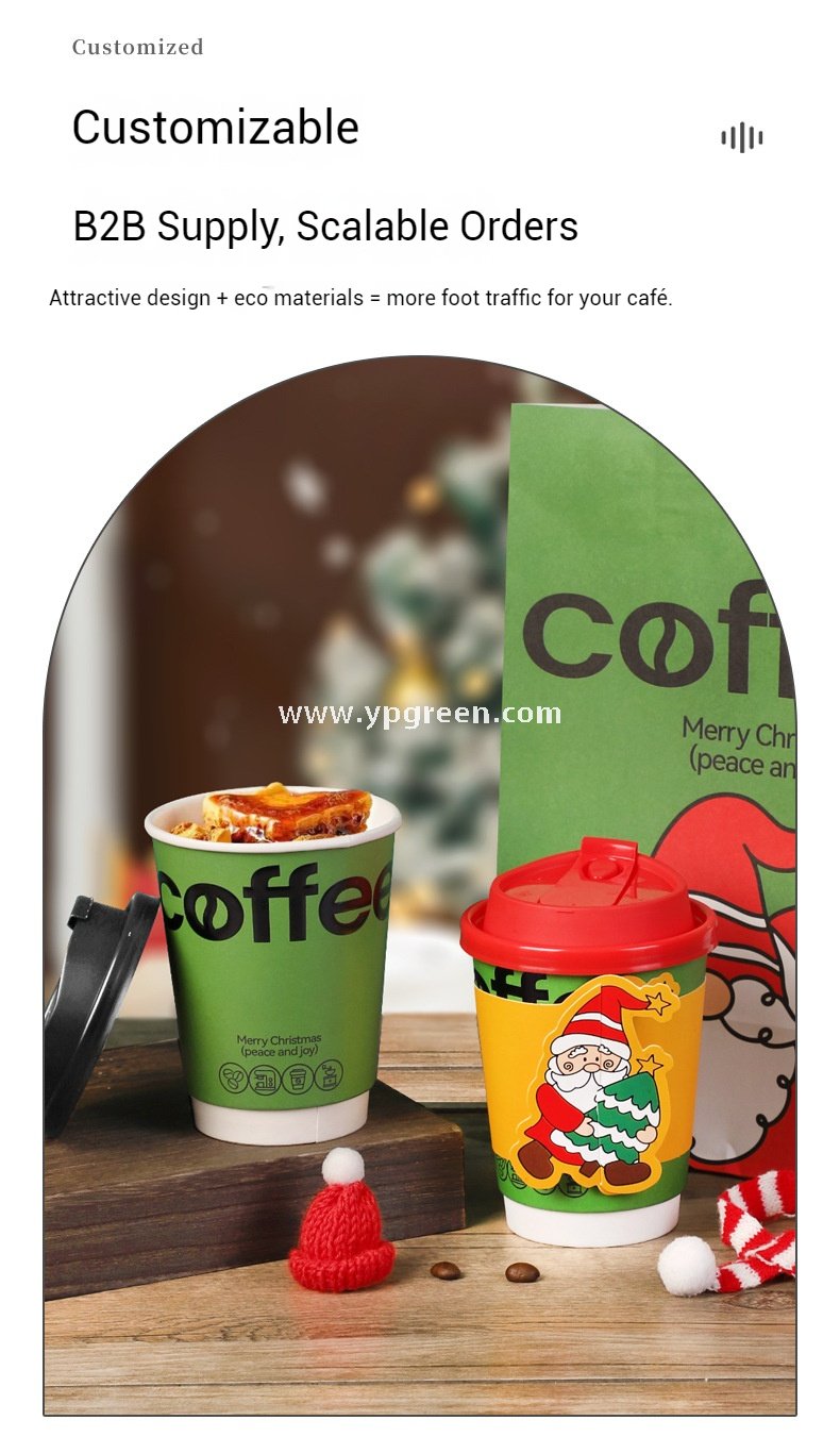 12oz / 400ml Christmas Coffee Cups with Sleeves & Bags – Santa Claus Holiday Design for Takeaway