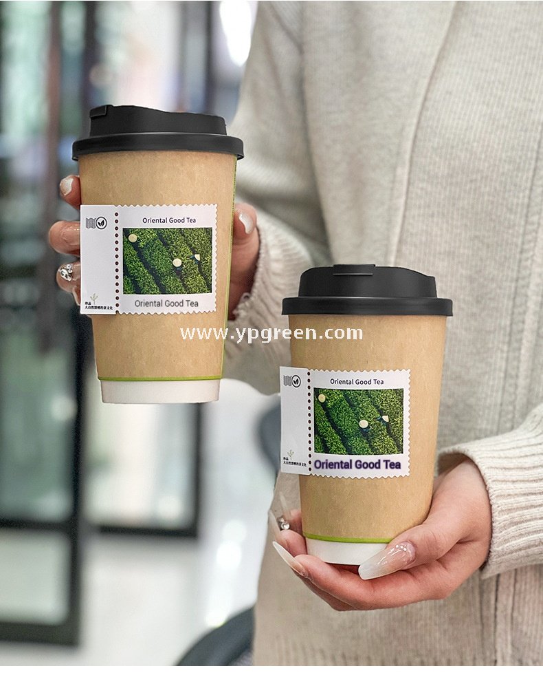 500ml 16oz Custom Coffee Cups with Postage Stamp Stickers – Retro-Themed Paper Cups for Takeaway