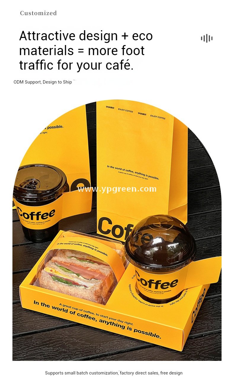 Yellow Sandwich & Coffee Tray Box – Integrated Paper Combo Container with Cup Holder