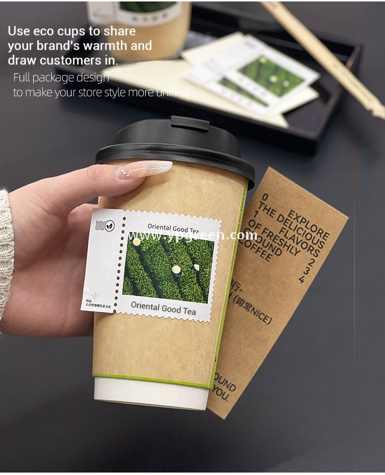 500ml 16oz Custom Coffee Cups with Postage Stamp Stickers – Retro-Themed Paper Cups for Takeaway