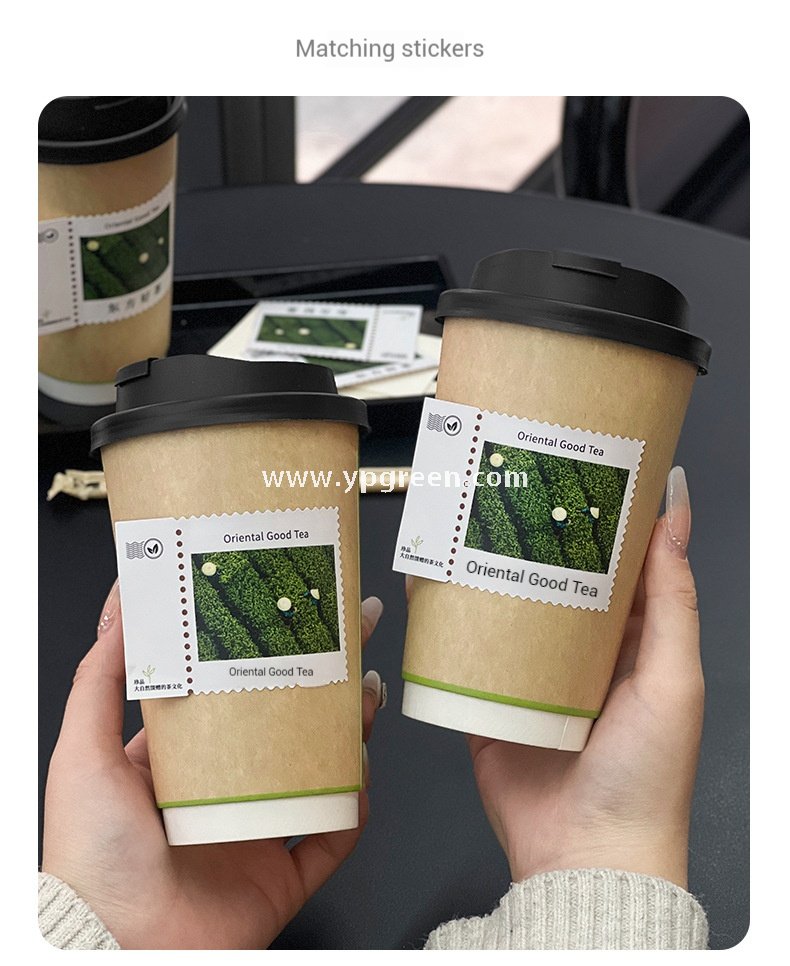 500ml 16oz Custom Coffee Cups with Postage Stamp Stickers – Retro-Themed Paper Cups for Takeaway