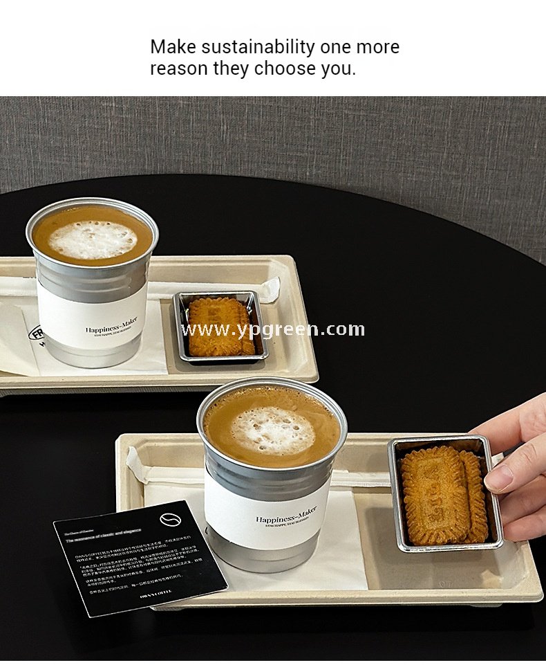 High-End 280ml Disposable Aluminum Cup with Silver Plate and Kraft Paper Tray – Stylish Drinkware Set