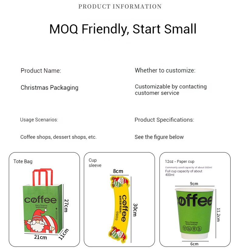 12oz / 400ml Christmas Coffee Cups with Sleeves & Bags – Santa Claus Holiday Design for Takeaway