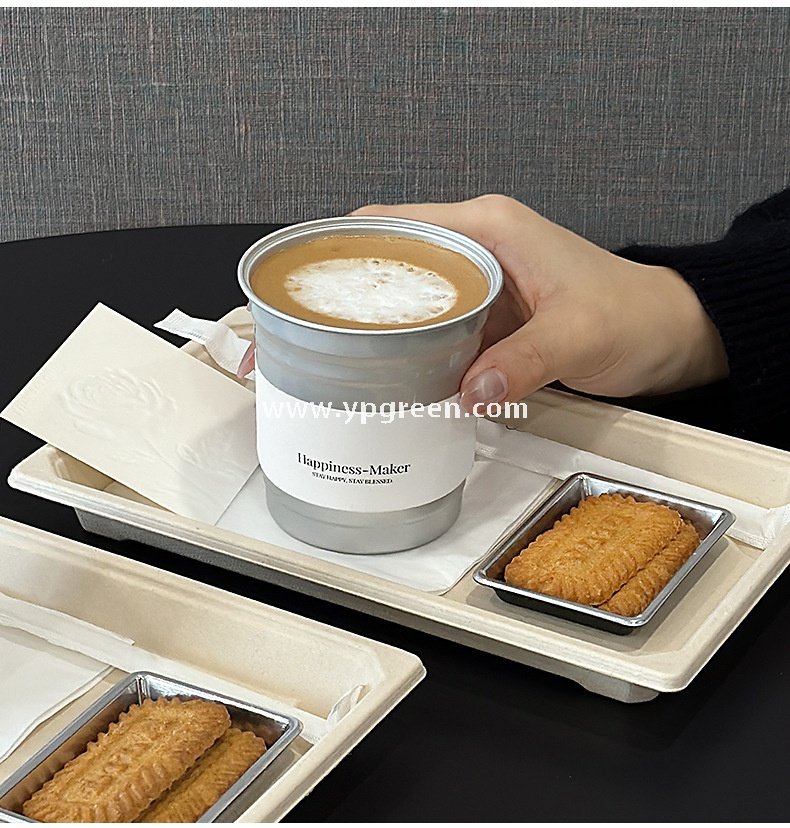 High-End 280ml Disposable Aluminum Cup with Silver Plate and Kraft Paper Tray – Stylish Drinkware Set