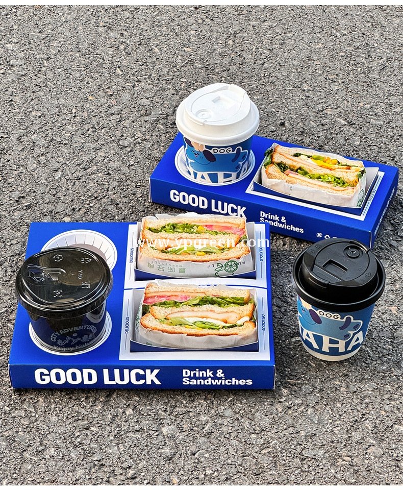 Klein Blue Sandwich Packaging Box – Food Grade White Cardboard for Thick Toast & Breakfast To-Go