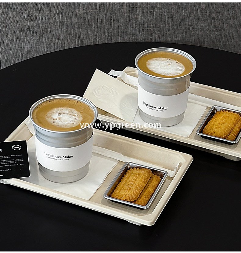 High-End 280ml Disposable Aluminum Cup with Silver Plate and Kraft Paper Tray – Stylish Drinkware Set