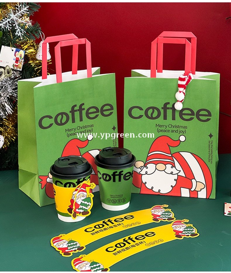 12oz / 400ml Christmas Coffee Cups with Sleeves & Bags – Santa Claus Holiday Design for Takeaway