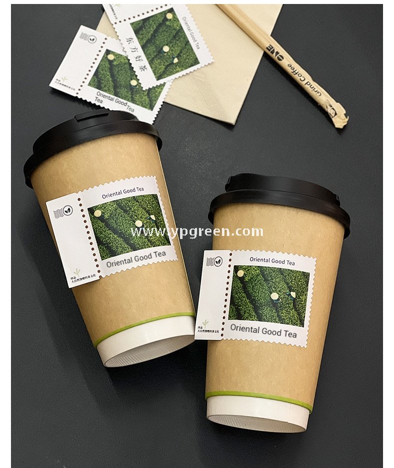 500ml 16oz Custom Coffee Cups with Postage Stamp Stickers – Retro-Themed Paper Cups for Takeaway
