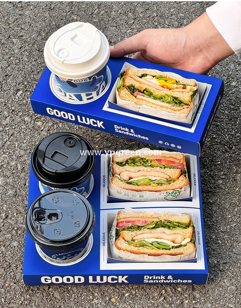 Klein Blue Sandwich Packaging Box – Food Grade White Cardboard for Thick Toast & Breakfast To-Go