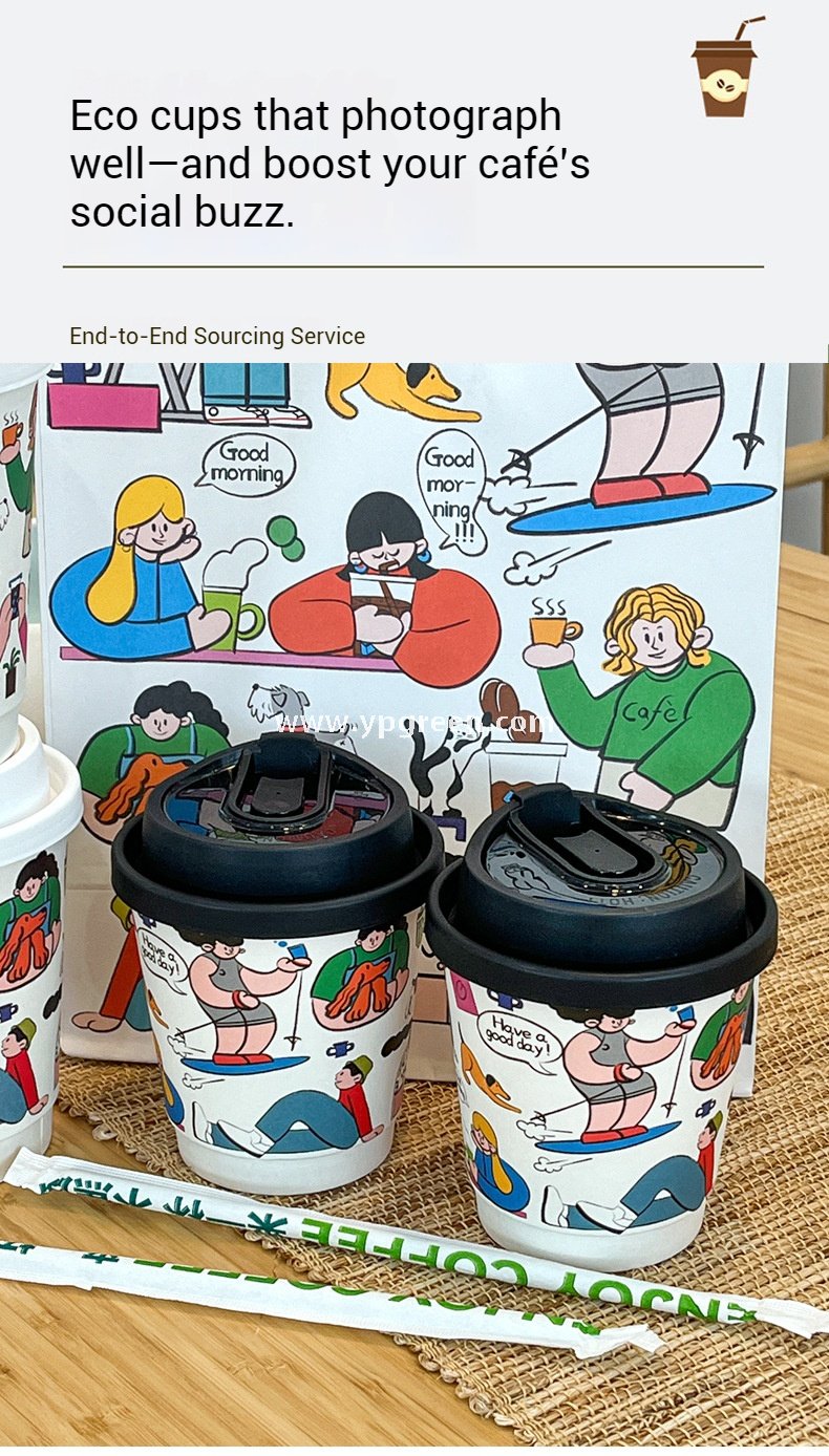 7oz–22oz Custom Cartoon Coffee Cups with Lids – Disposable, Thickened, Anti-Scald Paper Cups