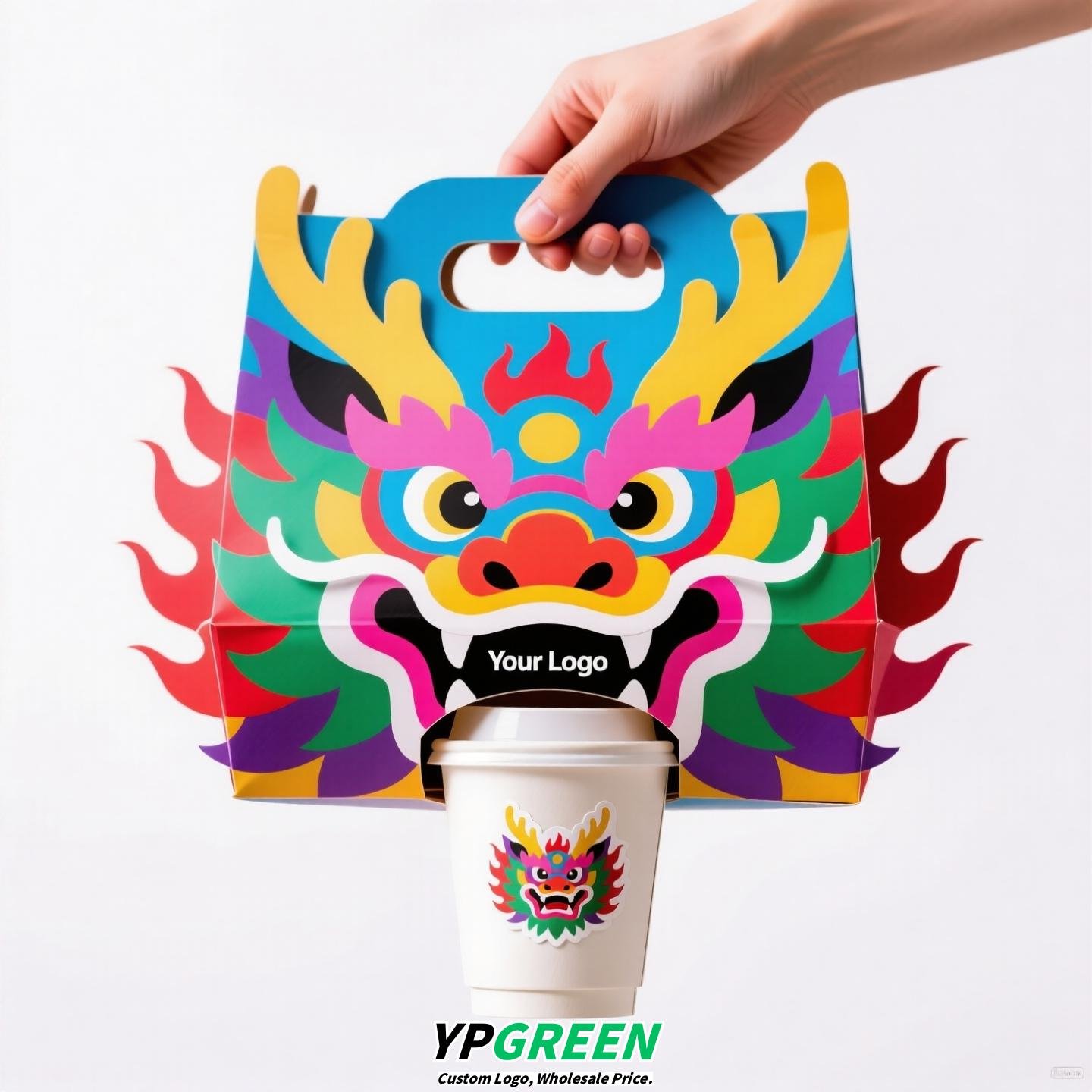 Dragon Year Guochao Cup Holder | Creative Coffee & Milk Tea Paper Cup Carrier | Disposable Trendy Cup Tray for Small Business Use