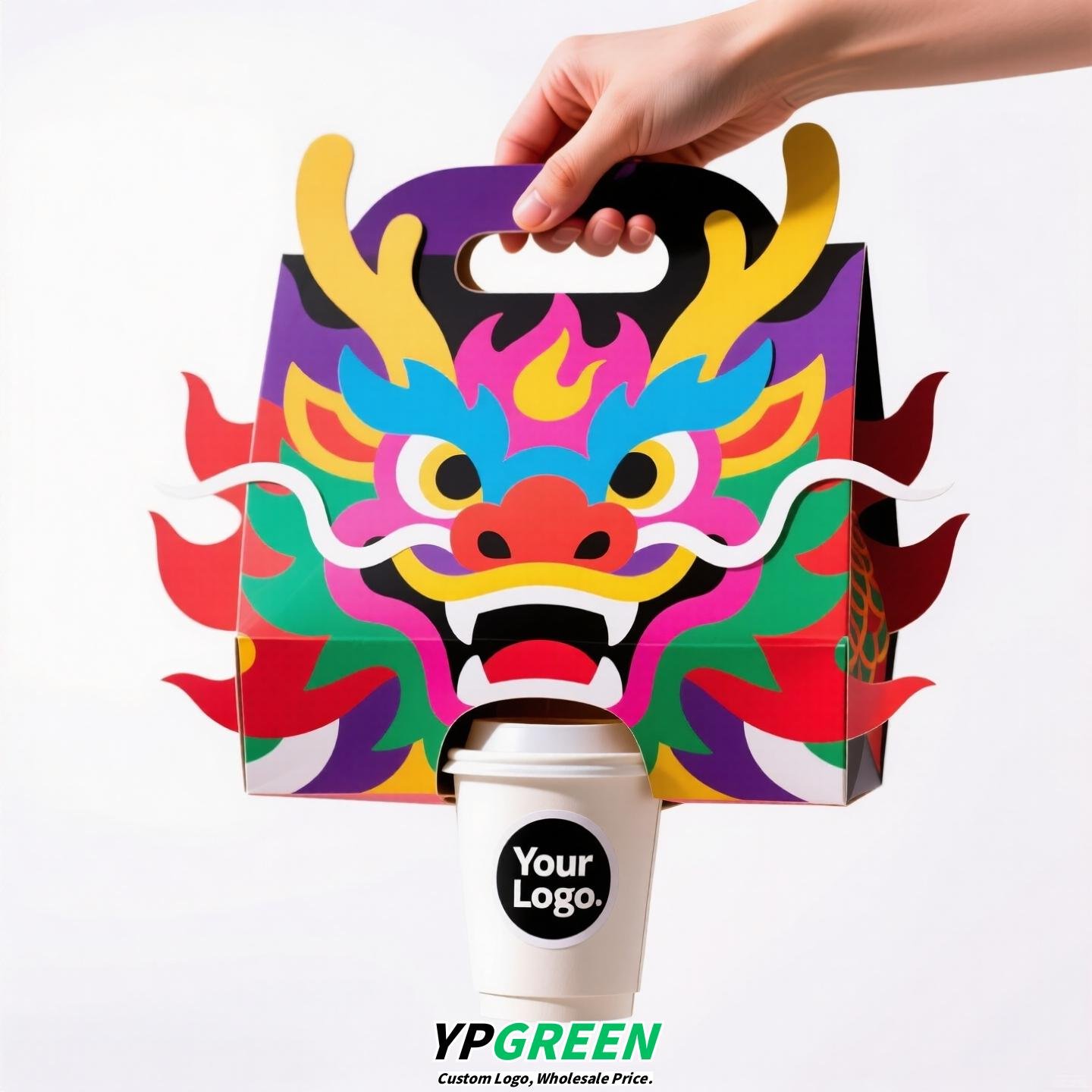Dragon Year Guochao Cup Holder | Creative Coffee & Milk Tea Paper Cup Carrier | Disposable Trendy Cup Tray for Small Business Use