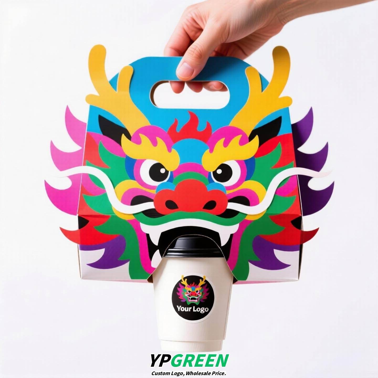 Dragon Year Guochao Cup Holder | Creative Coffee & Milk Tea Paper Cup Carrier | Disposable Trendy Cup Tray for Small Business Use