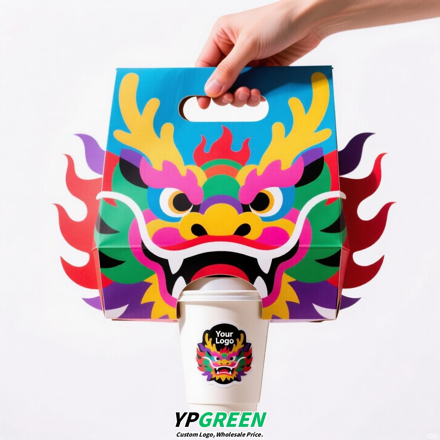 Dragon Year Guochao Cup Holder | Creative Coffee & Milk Tea Paper Cup Carrier | Disposable Trendy Cup Tray for Small Business Use