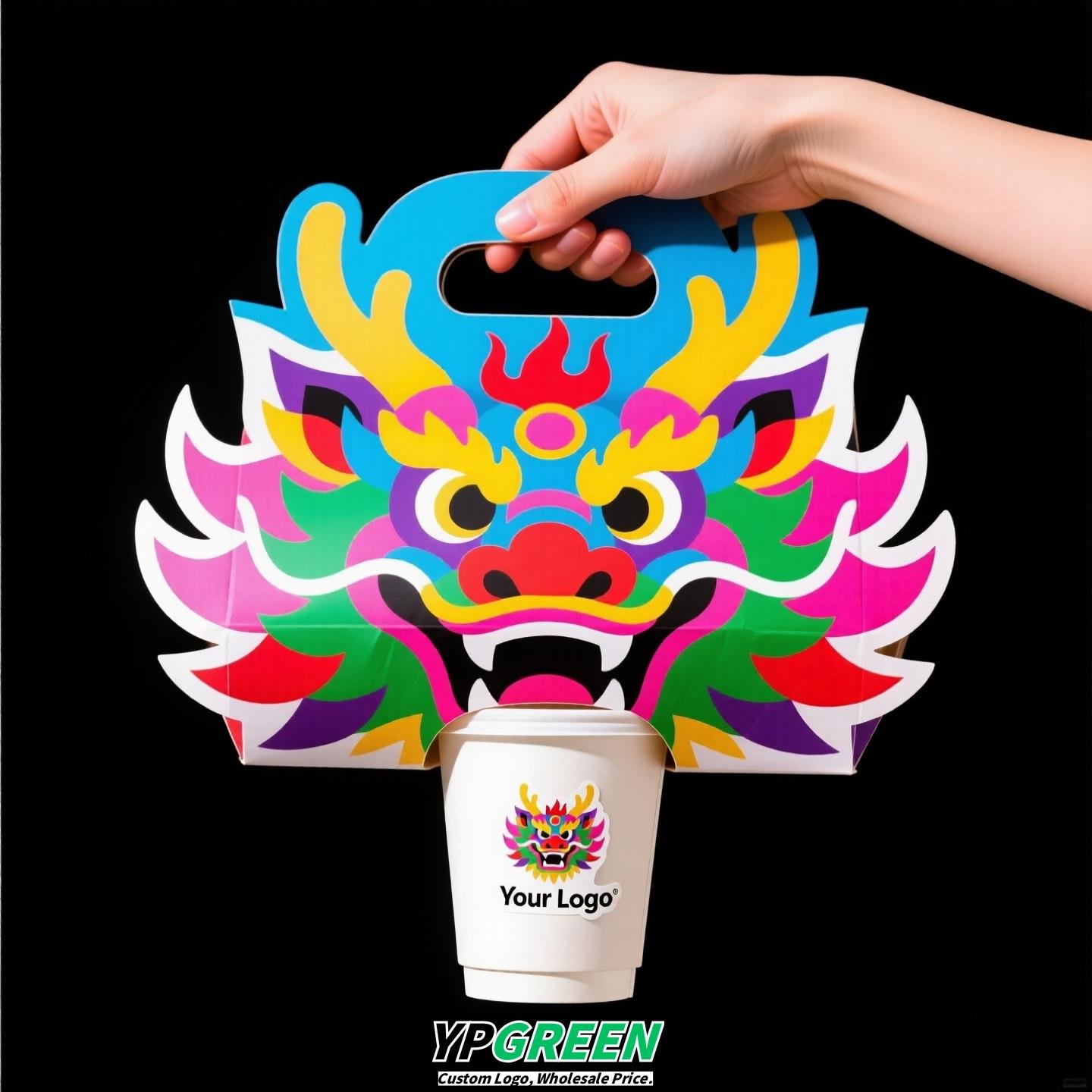 Dragon Year Guochao Cup Holder | Creative Coffee & Milk Tea Paper Cup Carrier | Disposable Trendy Cup Tray for Small Business Use