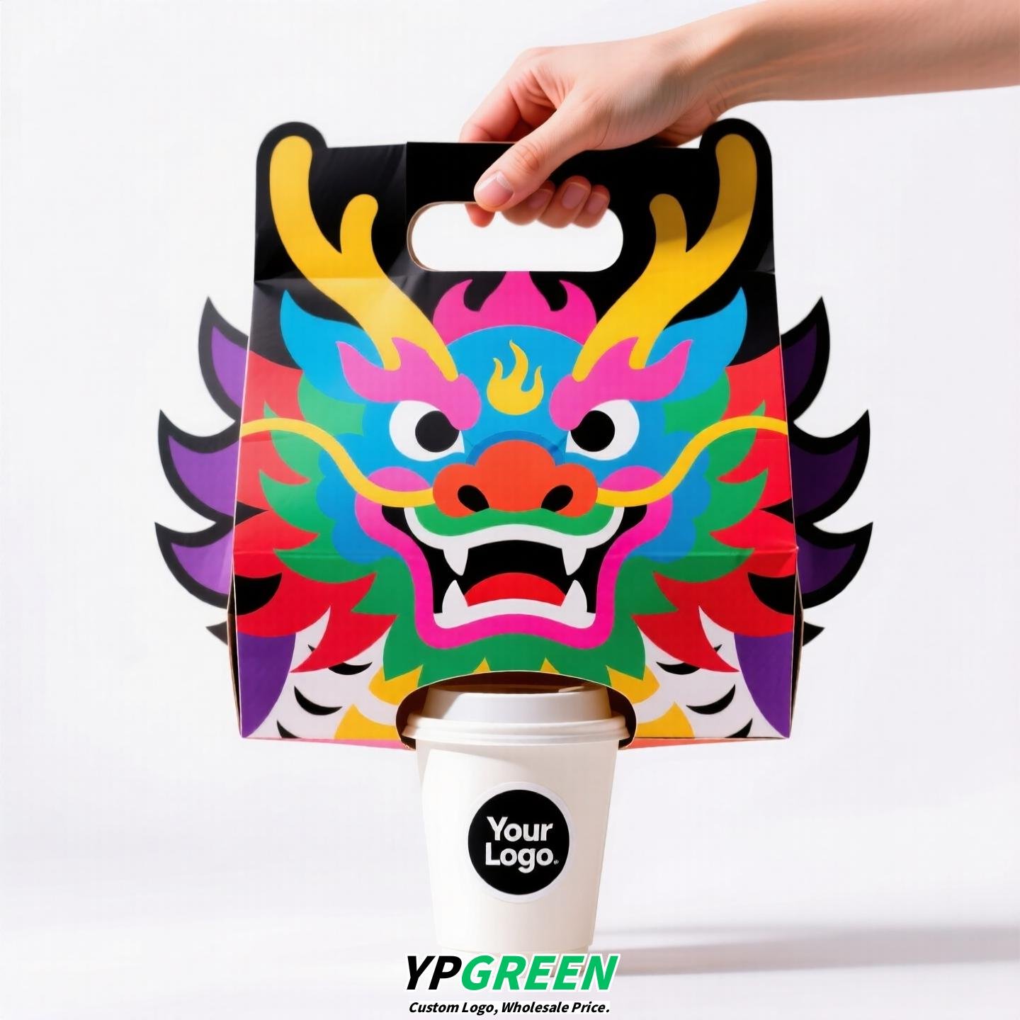 Dragon Year Guochao Cup Holder | Creative Coffee & Milk Tea Paper Cup Carrier | Disposable Trendy Cup Tray for Small Business Use