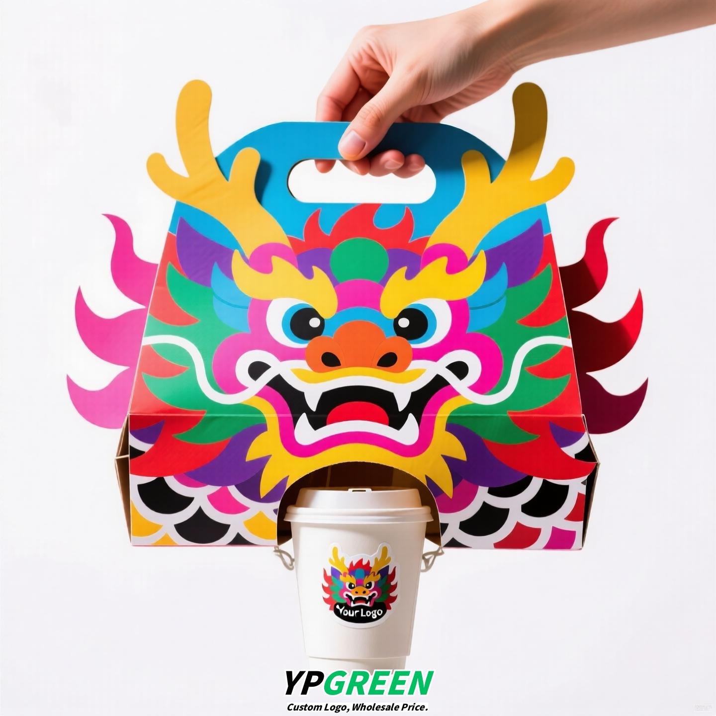 Dragon Year Guochao Cup Holder | Creative Coffee & Milk Tea Paper Cup Carrier | Disposable Trendy Cup Tray for Small Business Use