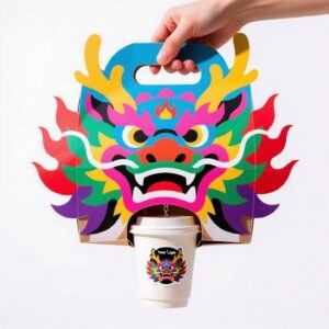 Dragon Year Guochao Cup Holder | Creative Coffee & Milk Tea Paper Cup Carrier | Disposable Trendy Cup Tray for Small Business Use