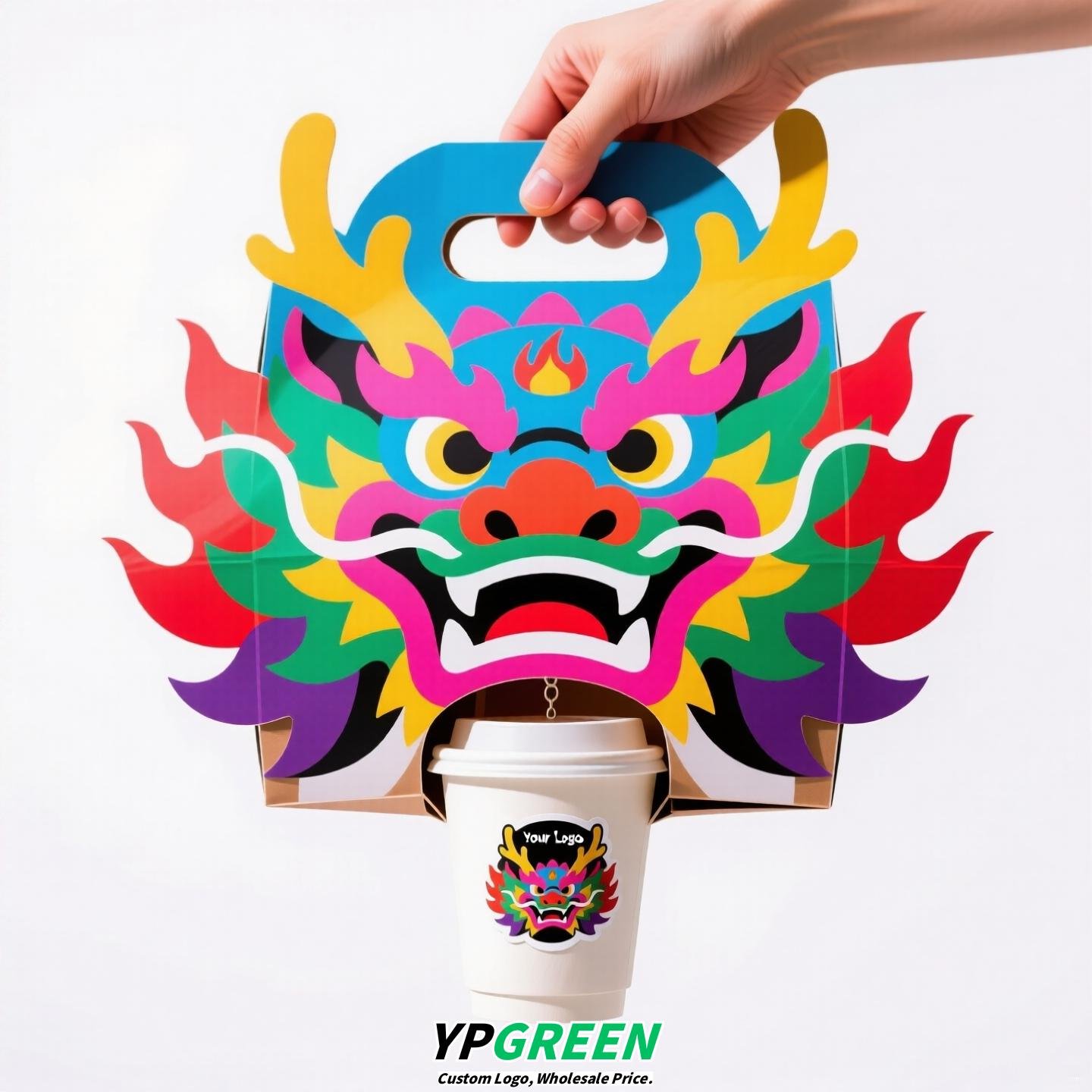 Dragon Year Guochao Cup Holder | Creative Coffee & Milk Tea Paper Cup Carrier | Disposable Trendy Cup Tray for Small Business Use