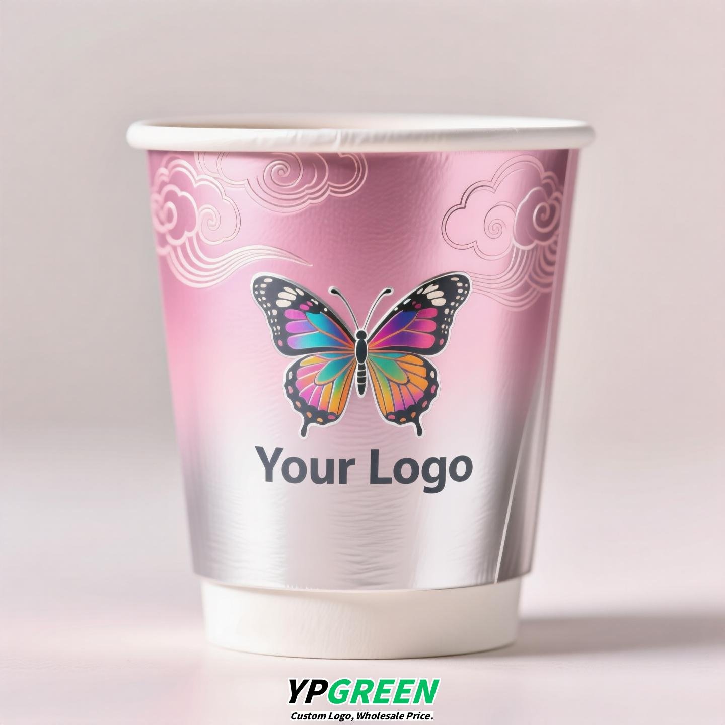 Silver Card Embossed Paper Cup | Tearable 3D Semi-Cut Sleeve with Butterfly | Double-Laminated Hot & Cold Cup