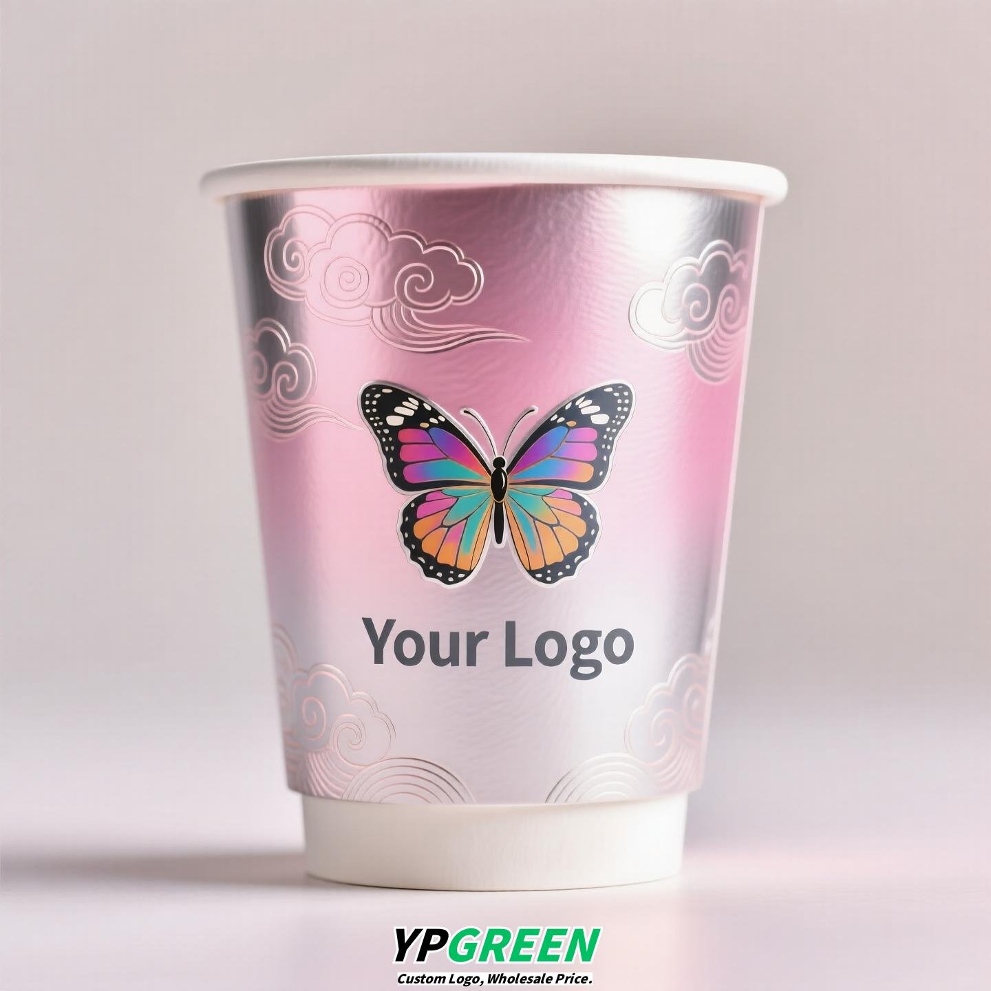 Silver Card Embossed Paper Cup | Tearable 3D Semi-Cut Sleeve with Butterfly | Double-Laminated Hot & Cold Cup