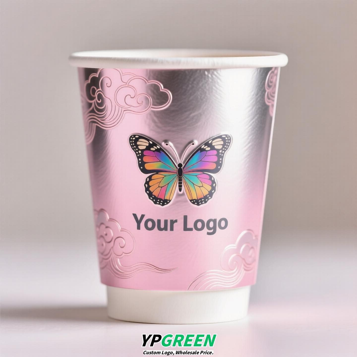 Silver Card Embossed Paper Cup | Tearable 3D Semi-Cut Sleeve with Butterfly | Double-Laminated Hot & Cold Cup