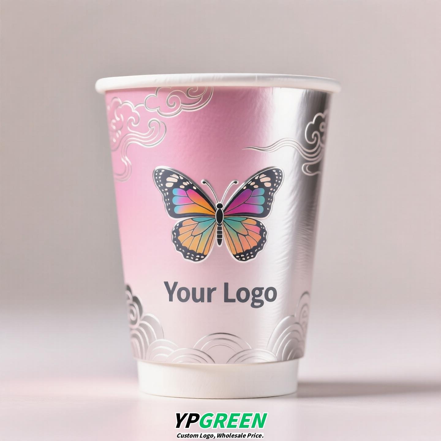 Silver Card Embossed Paper Cup | Tearable 3D Semi-Cut Sleeve with Butterfly | Double-Laminated Hot & Cold Cup