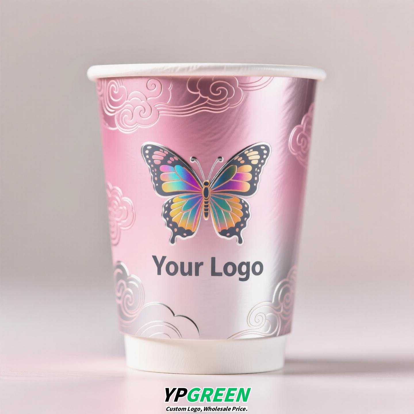 Silver Card Embossed Paper Cup | Tearable 3D Semi-Cut Sleeve with Butterfly | Double-Laminated Hot & Cold Cup