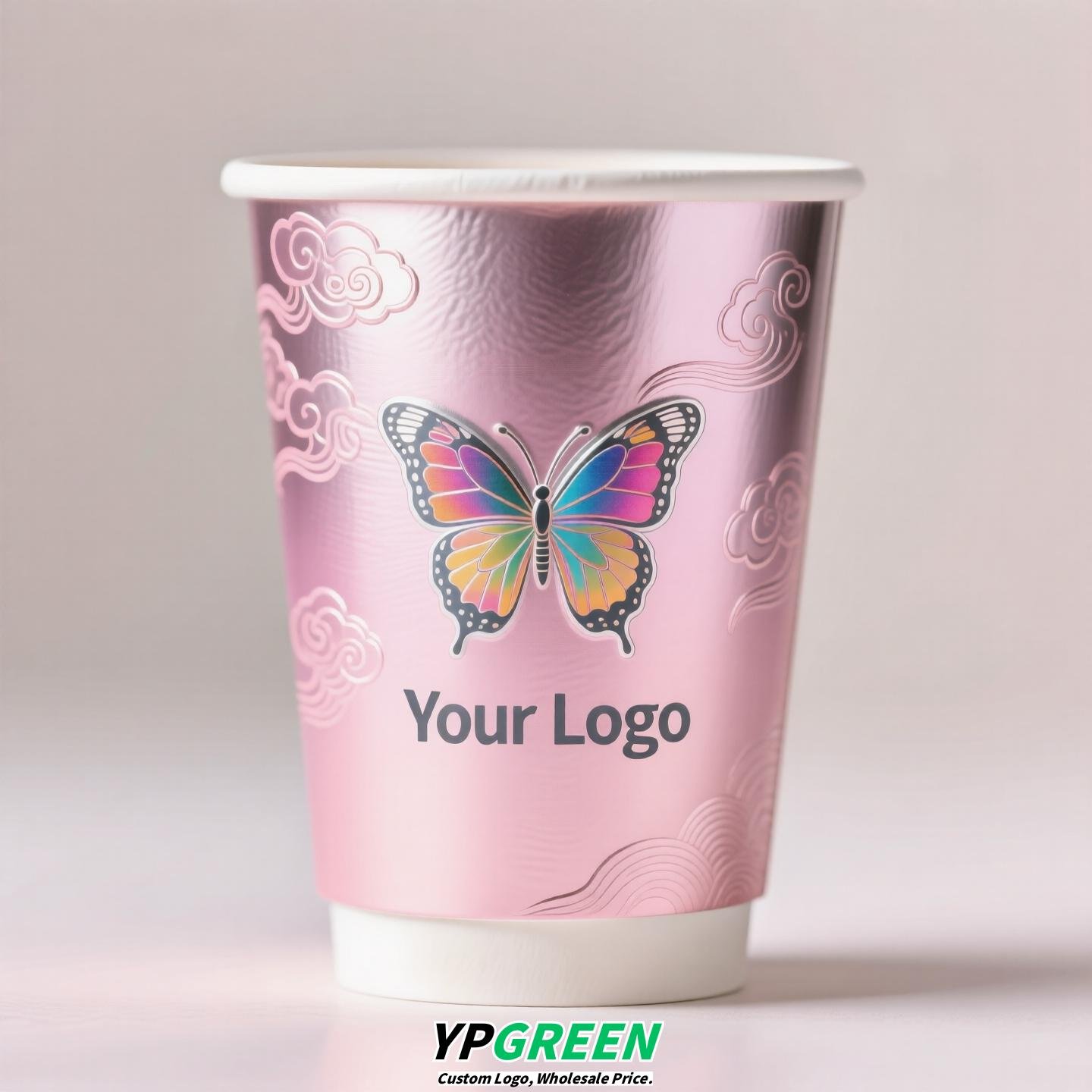 Silver Card Embossed Paper Cup | Tearable 3D Semi-Cut Sleeve with Butterfly | Double-Laminated Hot & Cold Cup