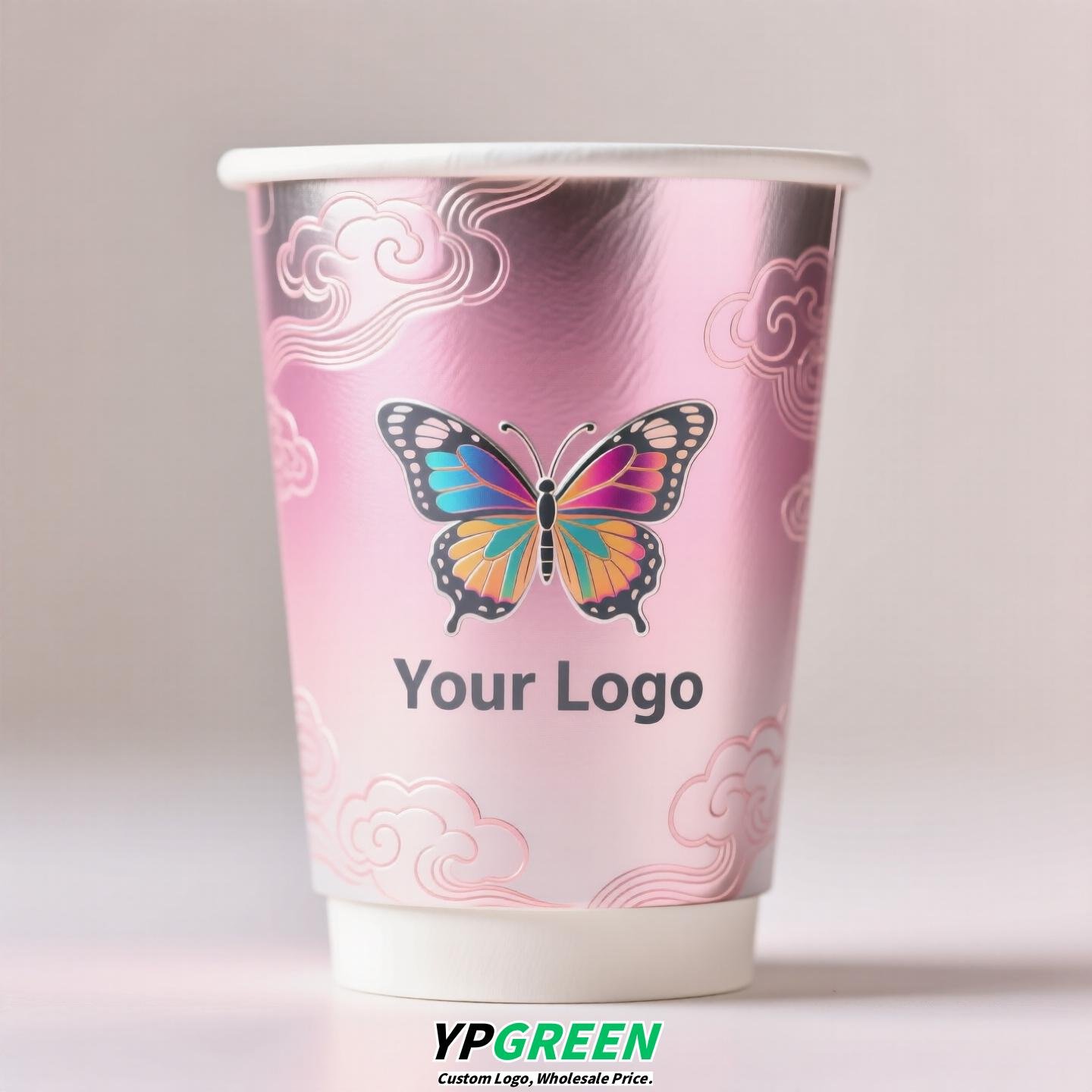 Silver Card Embossed Paper Cup | Tearable 3D Semi-Cut Sleeve with Butterfly | Double-Laminated Hot & Cold Cup